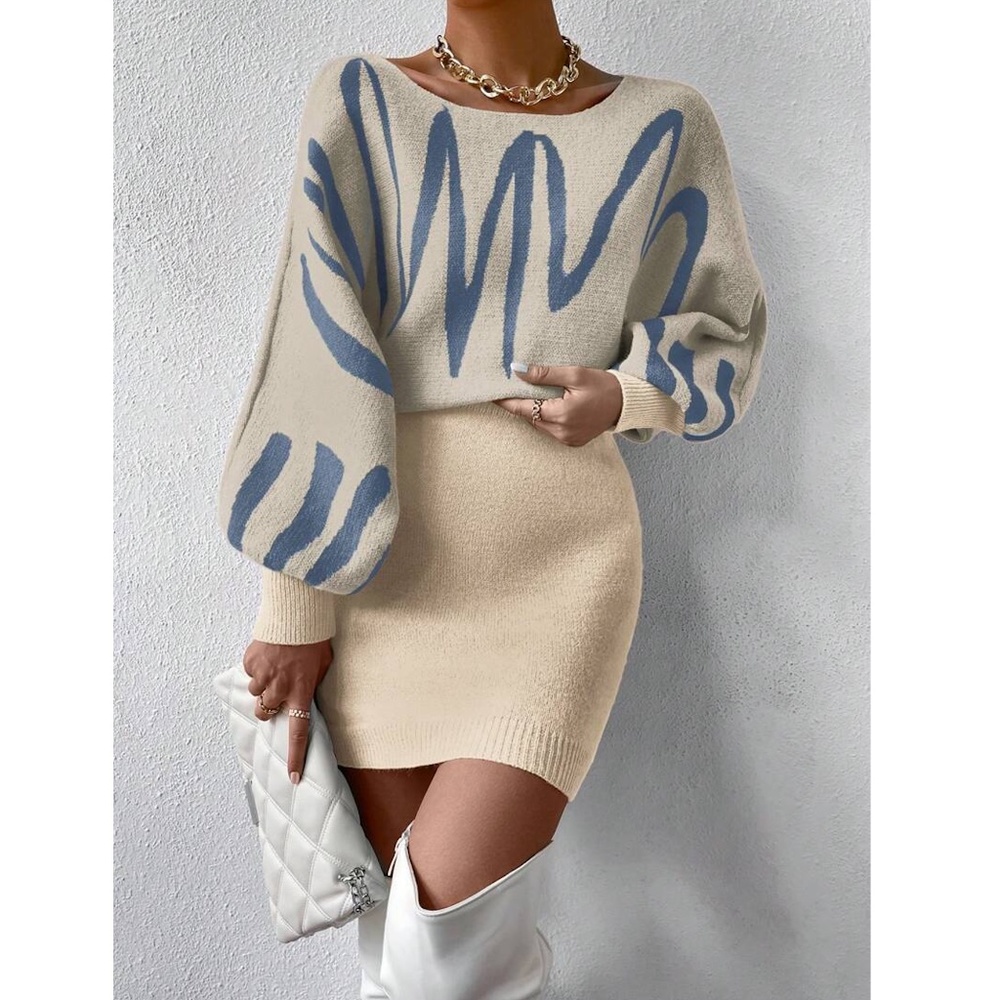 Dirty Beige Knit Long Batwing Sleeve Dress Abstract Print - Picture 6 of 7